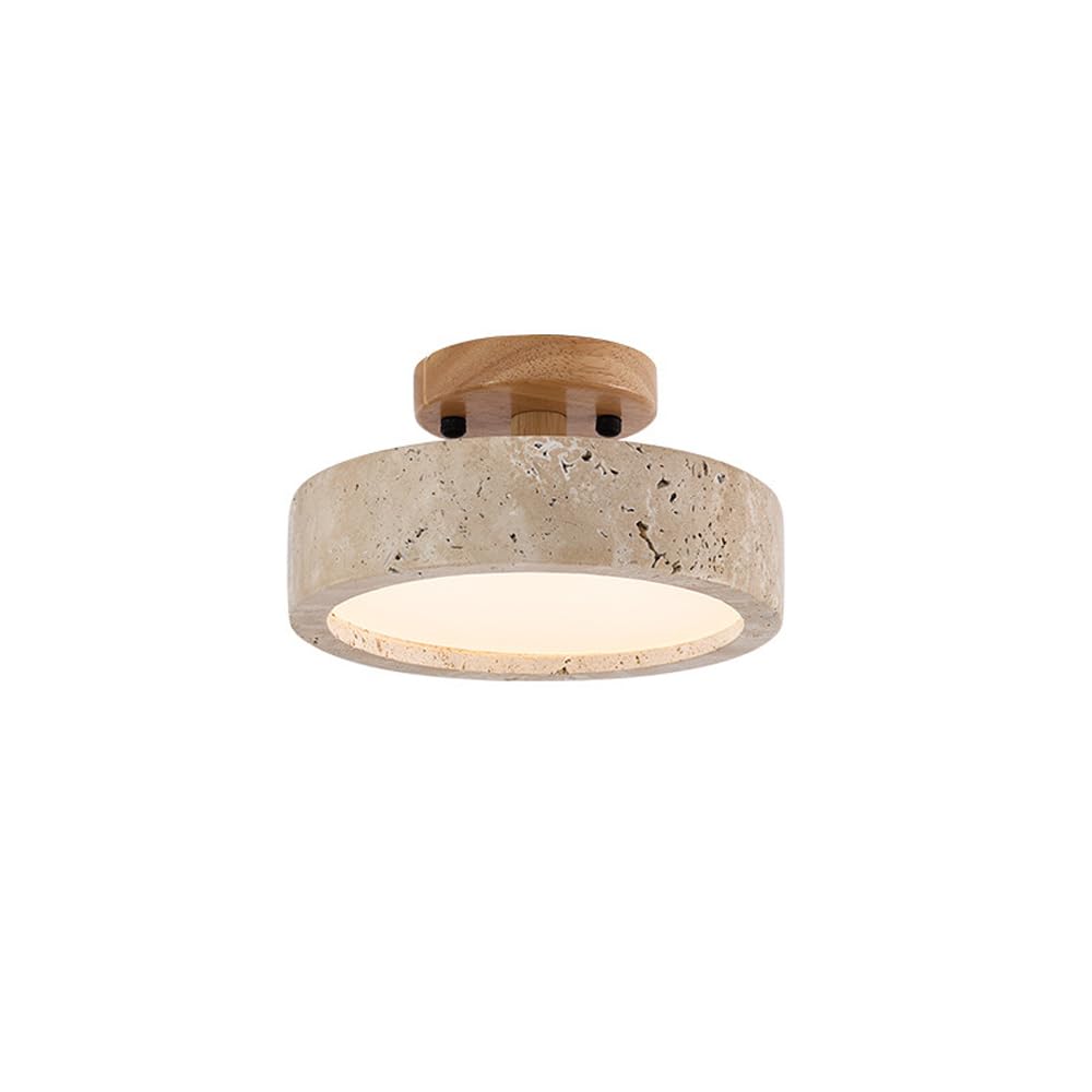 ITOSUI Mid Century Natural Stone Semi Flush Mount Ceiling Light Fixture Vintage Wood Ceiling Lamp Wabi Sabi Round Led Ceiling Lighting Kitchen Chandelier for Living Room Hallway Aisle Porch