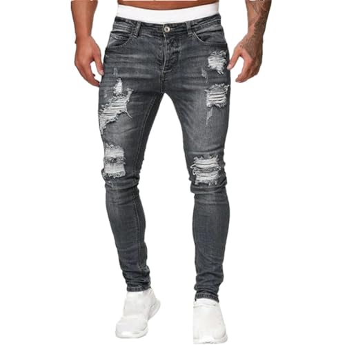 Men's Fashion Ripped Skinny Jeans Vintage Washed Solid Denim Trousers Casual Slim Fit Pencil Pants