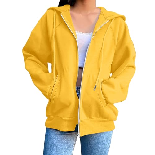 Fleecejacke Damen Sweatshirts Stilvolle solide Reißverschlussjacke für den Alltag Langarmmantel 1860 Pullover (Yellow, S)