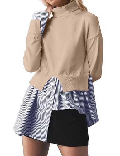 Image of MISSACTIVER Women Slit Turtleneck Patchwork Sweater 2 in 1 Buttons Down Pullover Knit Sweater Asymmetrical Hem Shirt Top