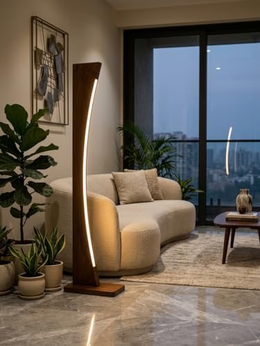 Image of ESITRAQ Wooden LED Floor Lamp, Walnut Finish, Slim Design, Energy Saving, 4 Feet 6 Inches Height