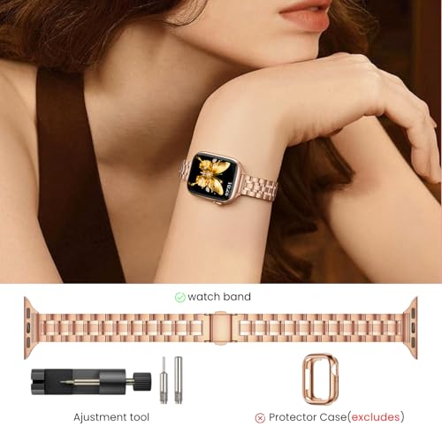 Image of STIROLL Thin Replacement Band Compatible for Apple Watch 38mm 40mm 41mm 42mm(Series 11 10), Stainless Steel Metal Wristband Women Men for iWatch Ultra SE Series 9 8 7 6 5 4 3 2 1, Rose Gold