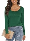 Womens Tops Henley Scoop Neck Long Sleeve Loose Fit T Shirt Basic Tee Dark Green S