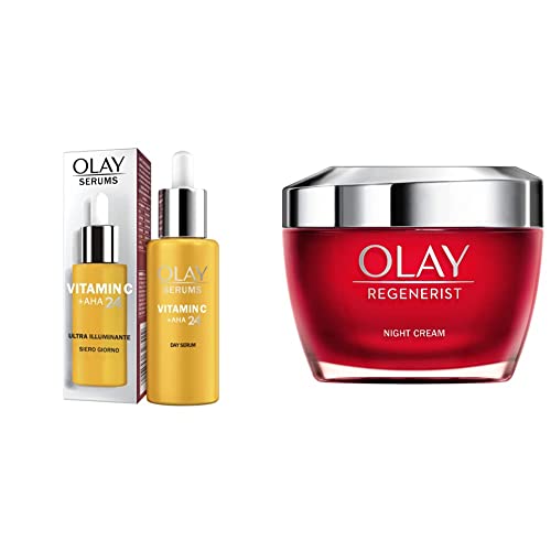 Olay Vitamin C + AHA24 Day Gel Serum With Vitamin C, AHA & Niacinamide For Bright And Even Skin Tone, 40ml & Regenerist Night Cream 50 ml