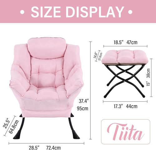 Image of Tiita Lazy Chair with Ottoman, Pink Modern Large Accent Chair, Comfy Leisure Sofa Armchair with Ottoman, Reading Chair with Footrest for Bedroom, Living Room, Dorm Rooms, Pink
