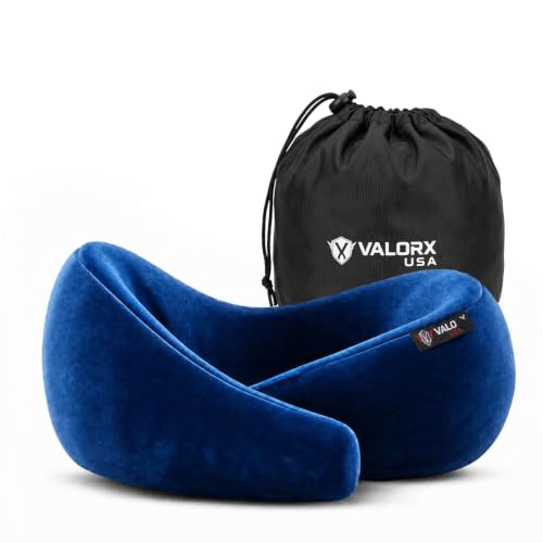 Image of Premium Memory Foam Neck Pillow by ValorX USA for Travelling 360 Neck Support with Adjustable Velcro Straps & Ultra-Soft Velvet Cover, Blue