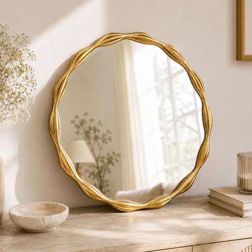 Image of Saliwa 27 Inch Round Gold Wall Mirror with Wood Frame, Modern Decorative Circle Mirror for Bathroom, Bedroom, Living Room, Entryway, Vanity, Dresser and Home Decor