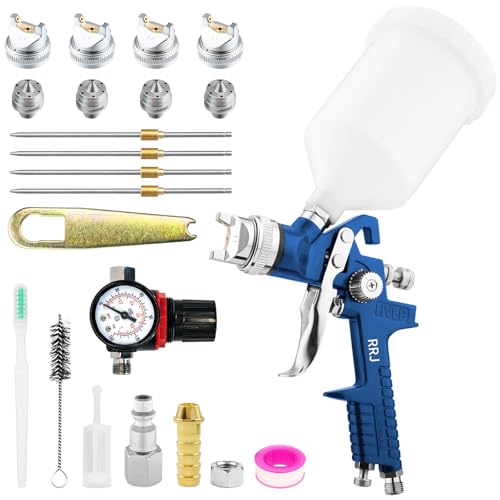 HVLP Paint Spray Gun Air Gravity with 4 Nozzles 1.4/1.7/2.0/2.5mm 600ml Cup Paint Sprayers with Air Regulator Spray Gun for Fence Cars Wall Furniture Painting (Blue)