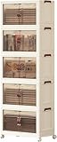 Roqao 5 Tier Collapsible Storage Bins, Stackable Storage Bins Open Front with Lid, Doors, Wheels, Storage Cabinet Plastic, Foldable Storage...