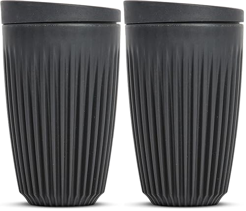 HUSKEE Coffee Cups with Lids - Reusable Coffee Cup with Unique Fins for Espresso, Cappuccino, Americano, Mocha - Insulated & Portable Latte Cups Made with Repurposed Coffee Husks - 12 oz., Charcoal