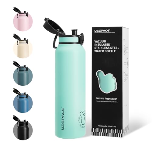 UZSPACE Botella Termica 1L(970ml), Botella Agua Acero Inoxidable con Asa | Botella Gimnasio Doble Pared, Apertura de un Clic, A Prueba de Fugas, Cantimplora para Deporte Running Colegio, Verde Menta