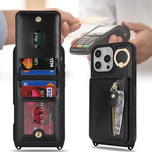 Zouzt for iPhone 16 Pro Max Case with Cord and Card Holde, Zipper Wallet Case with Crossbody Lanyard Ring Adjustable Necklace Protective Cover Women for iPhone 16 Pro Max 6.9 Inch - Black - Image 2