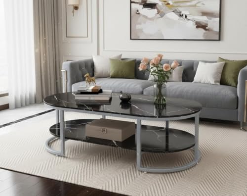 Image of Coffee Tables for Living Room Modern Coffee Table Oval Sofa Table Center Tables for Living Room 2 Tier Side Table Small Apartment Home Furniture Black Gold 2T (Gry Black)