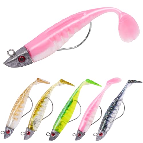 HOTUT Leurres de Pêche Souples, 5 pièces - Leurre Souple Mer, Leurre Peche Carnassier pour Bar, Truite, Marigane, Leurre Peche avec T-Tail, Équipement de Pêche Pré-jigged, Cadeaux Hommes