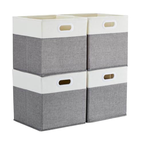 Mangata Cajas de almacenamiento de 33 x 38 x 33 cm, cestas de almacenamiento de tela para cubos de ropa, cestas, cofres, juguetes (Blanco Gris, 4 piezas)