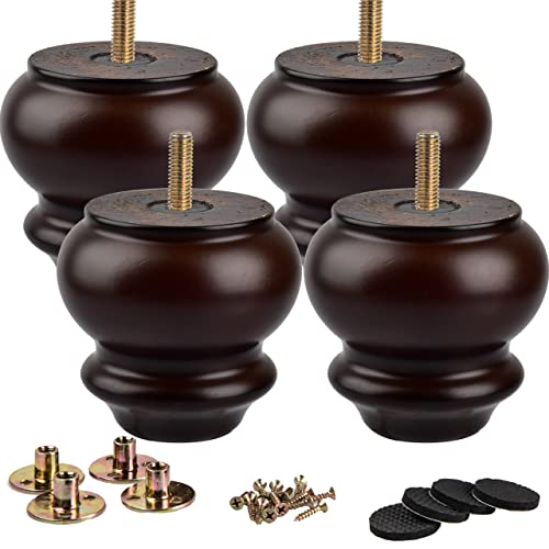 La Vane 3 Inch / 8Cm Wooden Furniture Legs, 4Pcs Solid Wood Round Gourd M8 Replacement Bun Feet Black With Pre-Drilled 5/16 Inch Bolt & Mounting Plate & Screws For Sofa Chair Ottoman #TOP25