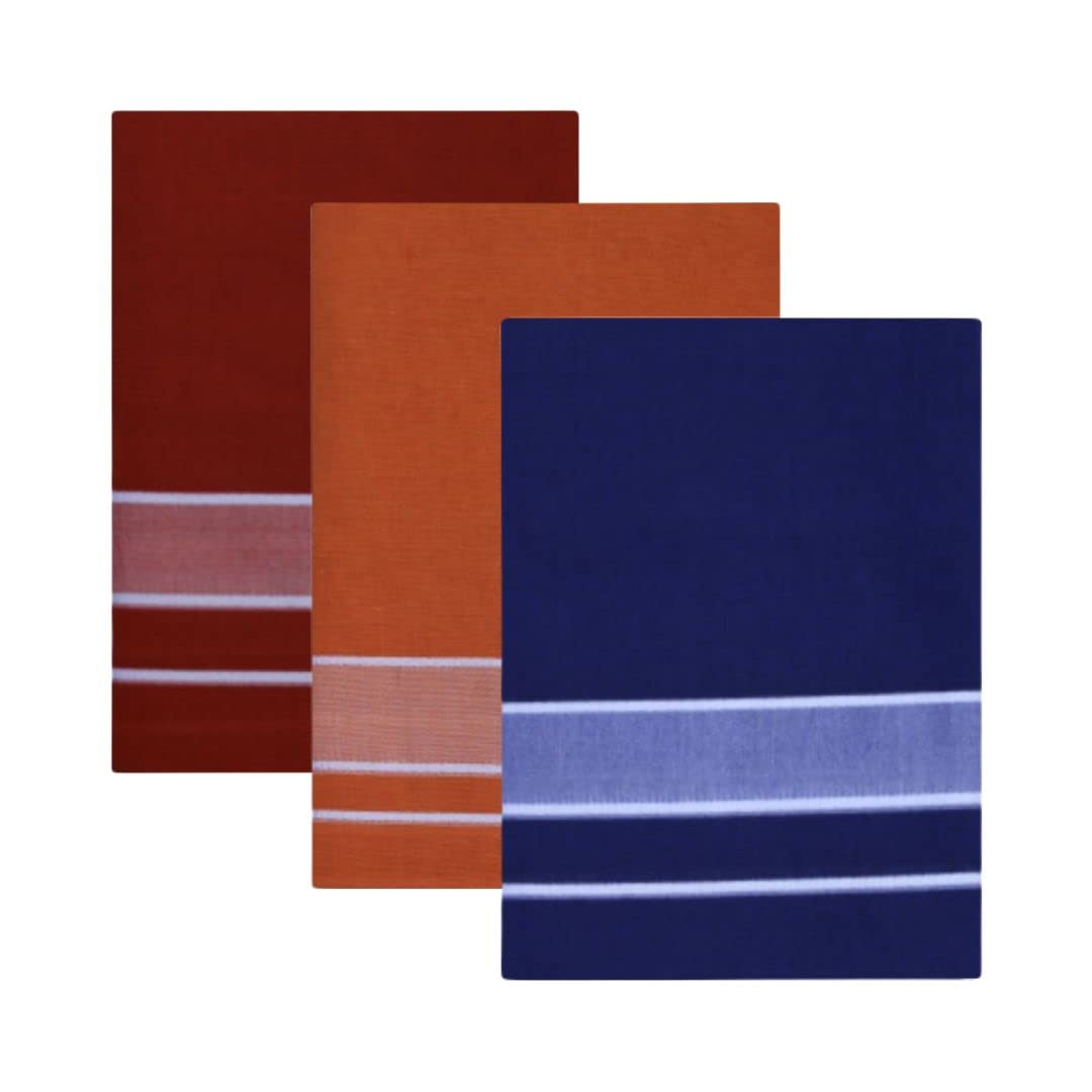 Multicolor Kerala style (Mundus) Dhotis for Men Dark Kaavi (saffron), Light Kaavi and Blue (Free Size Assorted) Lungi Veshti (Kaili) Pack of 3-image-41