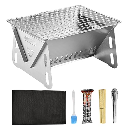 Barbacoa con carbón vegetal, compacta de acero inoxidable, barbacoa para senderismo, para picnics, mochileros, patio trasero, terraza, viajes, jardín, en la playa