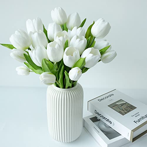 Ruzuqe 20Pcs White Fake Tulips Flowers,Pu Real Touch Modern Tulips Artificial Flowers,Faux Tulip Bouquet Of Flowers For Home Wedding Bride Centerpieces Table Glass Vase Outdoor #TOP5