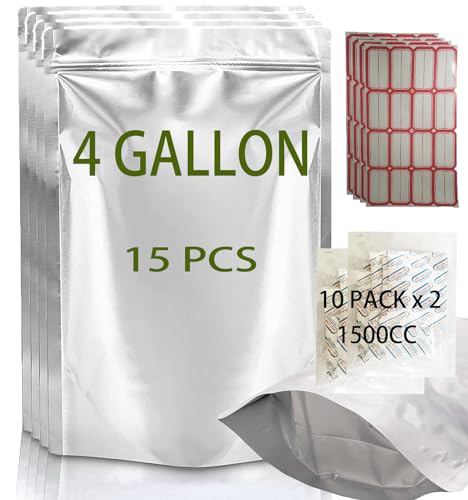 15Pk 4 Gallon Mylar Bags for Food Storage and 20 x 1500cc Oxygen Absorbers, 10 Mil Packaging Bags for Food Storage, Zipper Resealable Pouches Heat Sealable Stand Up Bags