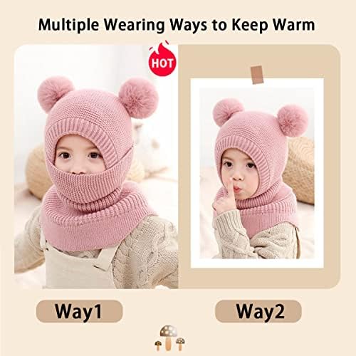 MAMUNU Kids Winter Warm Hat Scarf, Warm Knitted Hood Hat with Double Pom Pom Design, Earflap Beanies Caps with Fleece Lining for Toddlers Girls Boys