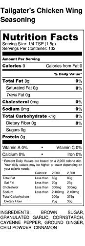 Premium | TAILGATER'S Chicken Wing Dry Rub Seasoning | Large Shaker | Calorie Free | Fat Free | Saturated Fat Free | Cholesterol Free | Sodium Free | Sugar Free