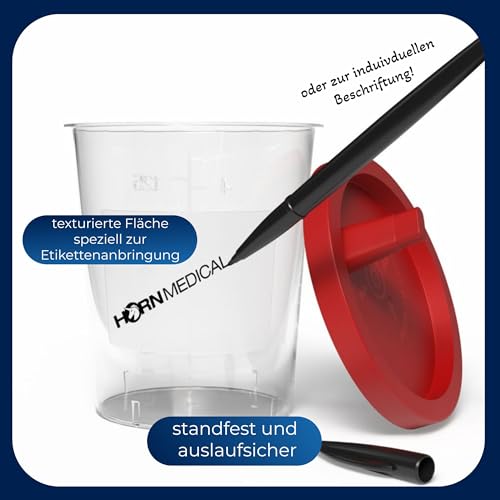Horn Medical Urinbecher/Probenbecher mit Schnappverschluss 150ml Fassungsvermögen, Maßtabelle bis 125ml/4oz, beschriftbar (25)