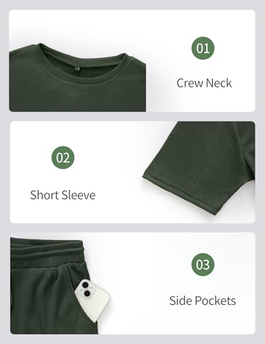Vssjavun Mens Short Sets 2 Pieces Outfits Waffle Knit Lounge Set Short Sleeve Summer Casual Tracksuit