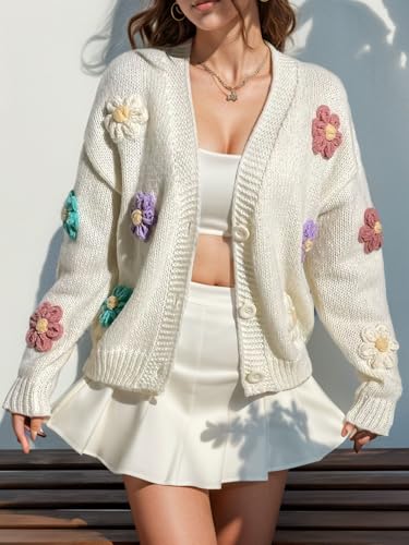 Image of Plus Size Sweaters for Wommen Cardigan Long Sleeve Sweatershirt Button up Colorful Flowers Cute White Tops Coat Fall Winter Oversize XL