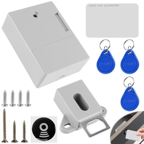 Elektronisches Schrankschloss,RFID-Schloss mit Batterie,Smart Schubladenschloss mit 2 Schlüsselanhänger und 2 RFID Karte, Schublade und Holzschrank, Versteckte Schlösser für Doppeltürenschrank(Weiß)