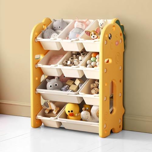 Image of oddpod Dino Kids Toy Organizer Storage Racks with Bins, Cute Cartoon Montessori Plastic Bookshelf for Children & Bedroom Shelf for Baby Hardline Toys, Books, Clothes & Games - Yellow (8+2 Bins)