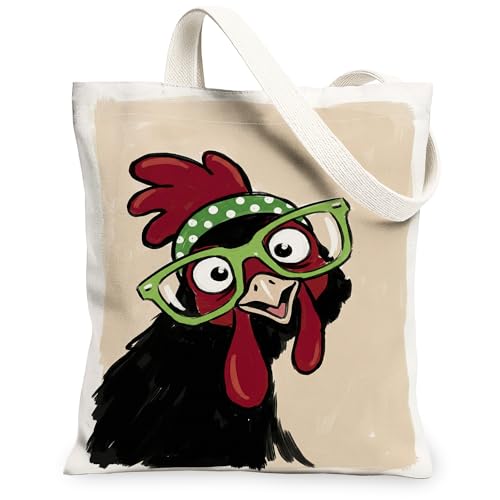 Bolsa de lona con diseño de pollo para mujer, con diadema para gafas, color negro, lavable, reutilizable, ideal para ir de compras, viajes, oficina, biblioteca, casual, 13 x 15 pulgadas