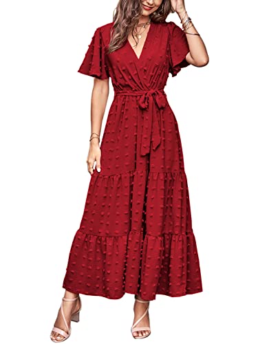 Image of MASCOMODA Women Boho Swiss Dot Maxi Dresses Wrap V Neck Flutter Short Sleeve Solid Tie Waist A Line Tiered Flowy Long Dresses