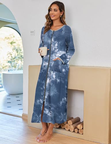 Ekouaer Women Long House Coat Zipper Front Robes Full Length Nightgowns with Pockets Striped Loungewear S-4XL3