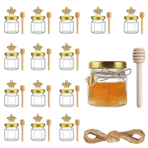 DYUEE Mini Hexagonal Honey Jars, 15 Pack 180ml Little Glass Honey Jar with Wood Dipper Gold Jutes, Pendants, Jutes, Bee Stickers, Storage Jars for Preservatives, Pickle, Jam, Crafts, Honey, Spices