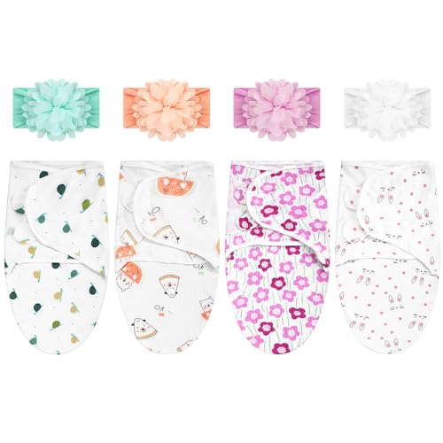 Image of Bunnycool 4 Pack Newborn Preemie Swaddle with Headband Set Premature Swaddle Blanket Baby Clothes for Nicu Newborn Boys Girls(Preemie,Flower Style)