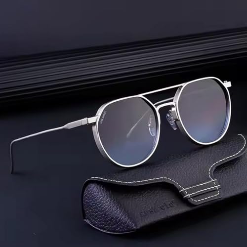 Image of Silver Metal Frame Sunglasses for Men with Black Lens, Full Metal Body Sunglasses, Vintage Stylish Hexagonal Aviator Eyewear for Daily Wear.