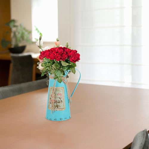 Cubo de hierro para flores vintage contenedor balde rústico azul centro mesa 6