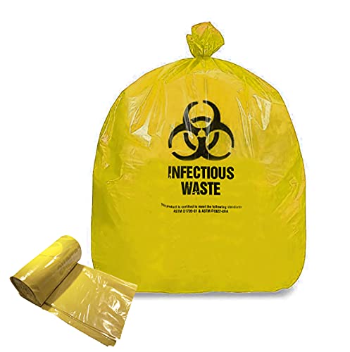 RESILIA Biohazard Bags - For Infectious Waste Disposal, Meets DOT ASTM Standards for Hospital Use, OSHA Approved, Yellow, 33 Gallon, 29" W x 43" L, 1.35 Mil, 0.00135 Inch, 25 Bags, Made in the USA