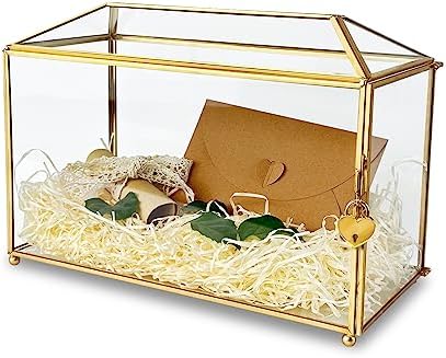 12.6 inches Gold Wedding Glass Card Box Large Wedding Card Box with Lock and Slot for Reception Handmade Clear Decorative Boxes for Graduation, Gift Cards, Party, Ceremony, Geometric Terrarium