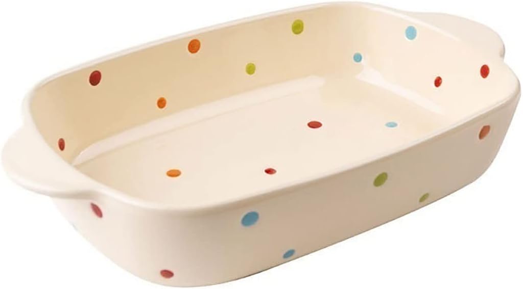 Ceramic Baking Dish Bakeware Set of 2 Piece Cake Dinner, Banquet and Daily Use Bakeware with Handle Rectangular Red Wave Point Bakeware (Color : Beige polka dots, Size : 27 * 16 * 5.5)