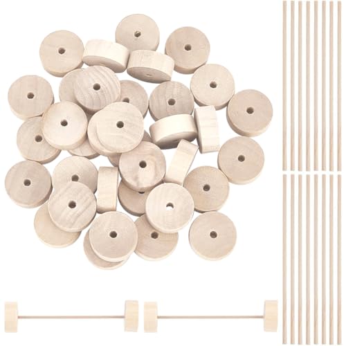 DELORIGIN 36 Packung Mini Bastelräder Aus Holz Mit 18 Holzstäbchen 2.5 cm Holzräder Räder mit Achse Unvollendete Flache Bastelräder Zum Basteln DIY auto Malerei Holzbearbeitung 4 mm Loch