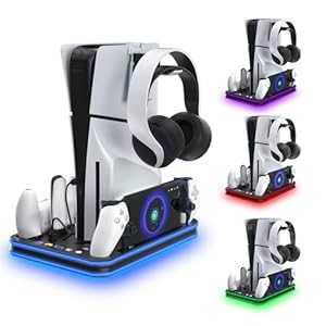 PlayStation Portal Charger, PS5 Stand and Cooling Station with RGB LED Controller Charging Dock Accessories, PS5 Edge Controller and PS Portal Charger, Headset and Remote Holders