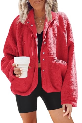Nirovien Sherpa Jacket Women Fleece Jacket Button Down Jacket with Pockets Fuzzy Coat Teddy Bear Jacket(Orange Red,S)