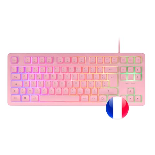MK023, Tastiera Gaming TKL, Tecnologia Ibrida H-Mech, Illuminazione FRGB Rainbow, Anti-ghosting, Compatibilità Universale, Rosa, Lingua Francese