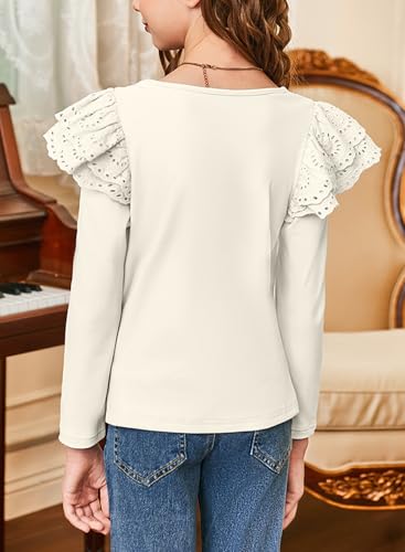 Girls Fall Shirts Double Layer Ruffle Long Sleeve Tops 2025 Trendy Eyelet Lace Blouses for Girl 6-13 Years2