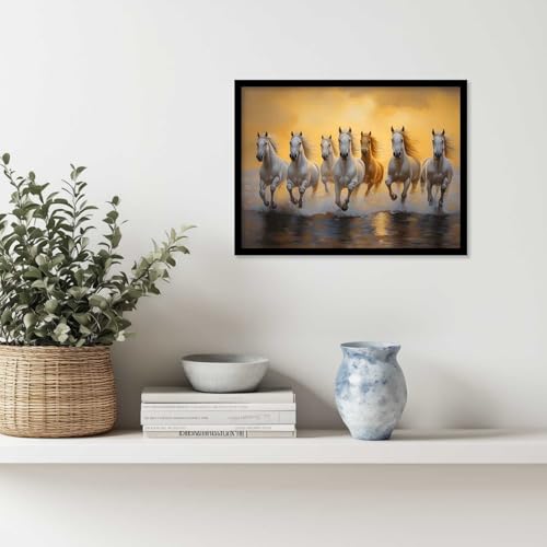 Image of HOTHOUSE Seven Running Vastu Lucky Horse | 7 Horses Vastu Frame Wall Art Painting for Living Room Bedroom Office Home Decor Rising Sun Painting Wall Decor Size (19X25 inch)