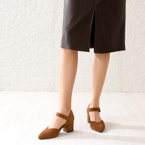 Image of RIBONGZ Comfortable Kitten Heels for Women Pointed Closed Toe Ankle Strap Buckle Heels Slip on Low Heel Church Pumps Wedding Bridal Party Dressy Shoes