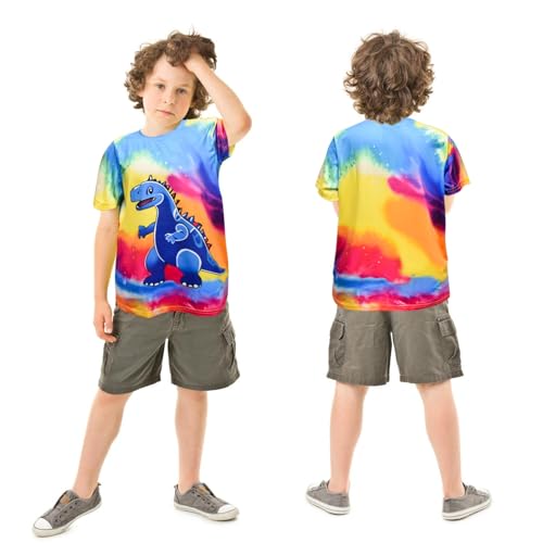 Image of Boys Tie Dye Shirts 3-12 Years Hippies Senior Crewneck Short Sleeve Rainbow Tee for Kids (US, Age, 3 Years, 5 Years, Dinosaur)