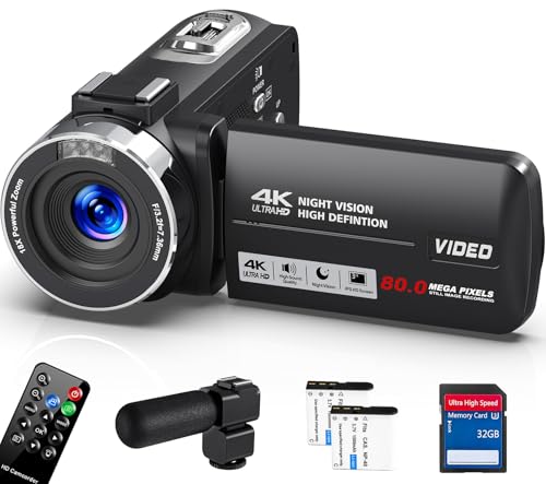 DINGETU 4K Video Camera Camcorder Ultra 44MP Vlogging Camera for YouTube 18X Digital Zoom Camcorder 3.0' IPS Screen IR Night Vision with External Mic, Controller, 2 Batteries and 32G SD Card